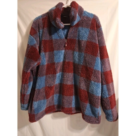 Eddie Bauer Sweaters - Eddie Bauer Womens XXL Quarter Zip Pullover Fuzzy Blue Burgundy Check Plaid